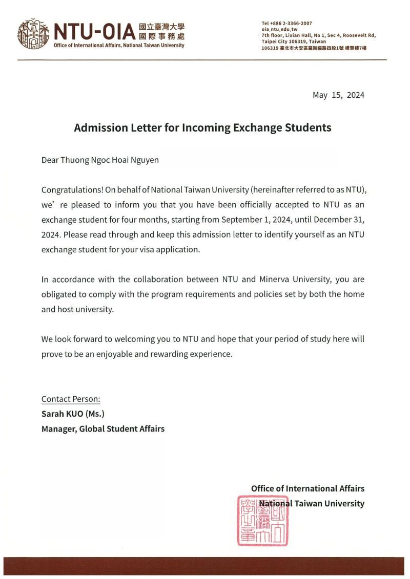 ntu taiwan admission letter